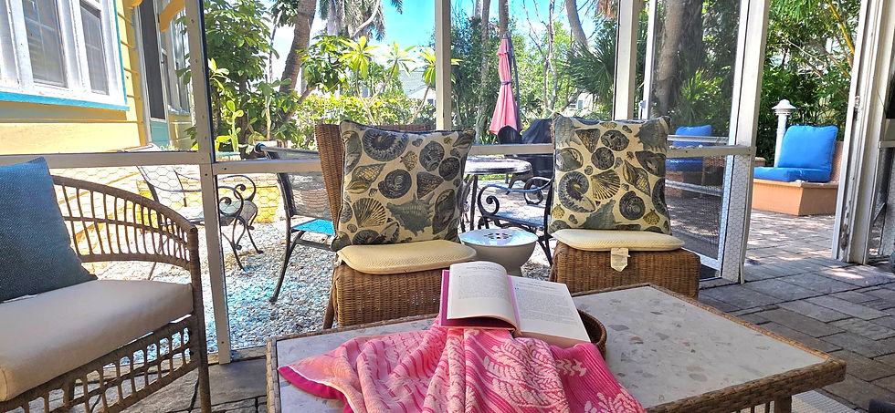 Eye-level view of a cozy beach house porch