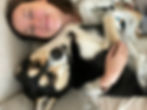 Woman cuddling a black, white, and tan dog on a bed, both relaxed and smiling.