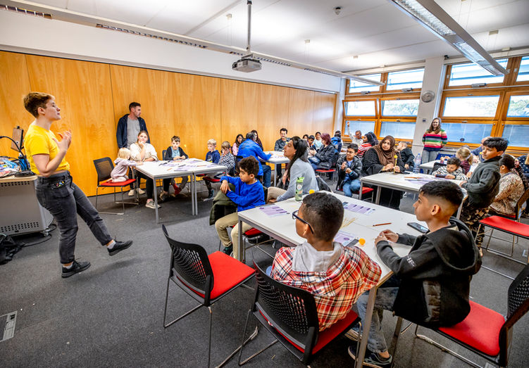 Braintastic's Nate presents to a room of children and a handful of adults