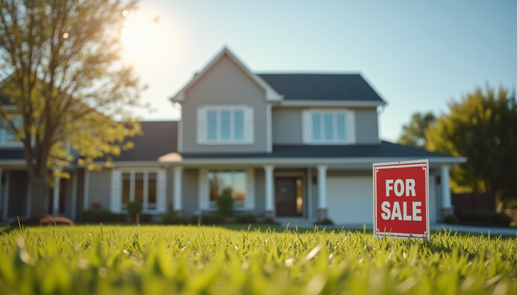 Eye-level view of a suburban house with a "For Sale" sign in the front yard