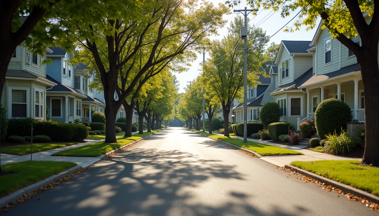 Eye-level view of a residential street with well-maintained homes and tree-lined sidewalks