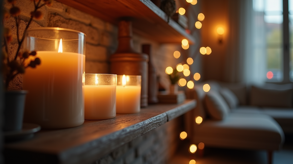 Eye-level view of a cozy living room with handmade candles on a shelf