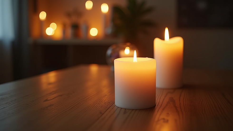 Eye-level view of a cozy home setting with lit candles on a wooden table