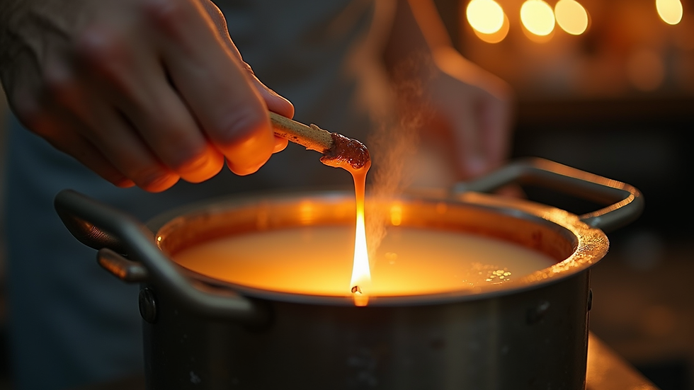 Close-up view of a candle pouring setup with wax melting in a double boiler