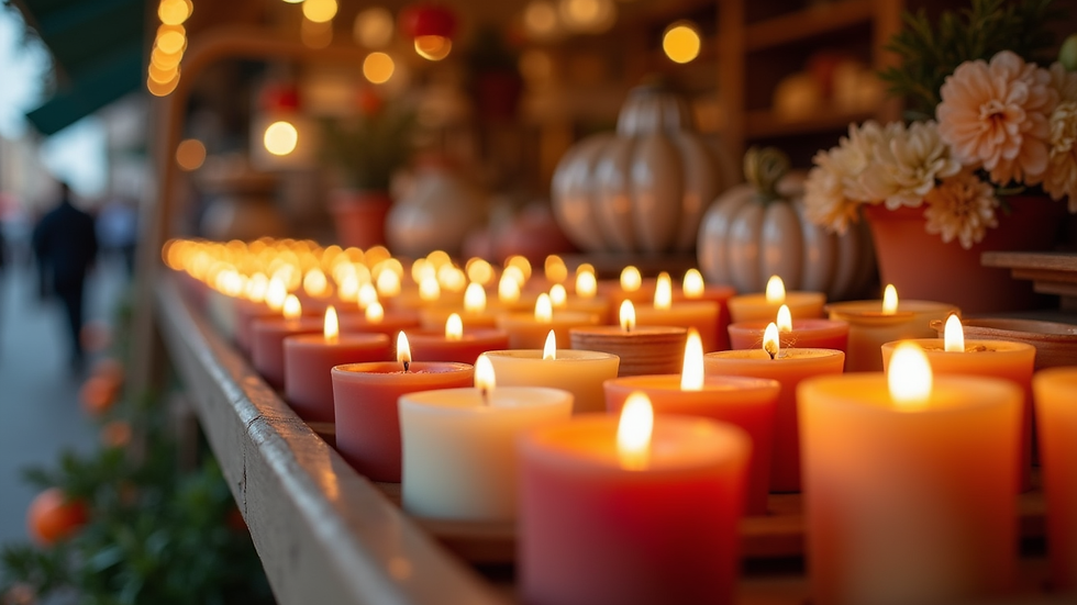 Eye-level view of a cozy candle display at a local market booth