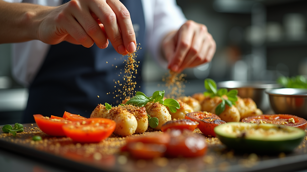 Eye-level view of a chef sprinkling artisan seasoning on grilled vegetables