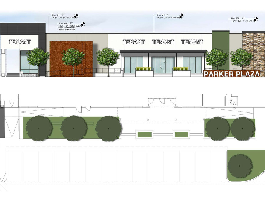 Parker Plaza West — east elevation rendering of the Plano shopping center