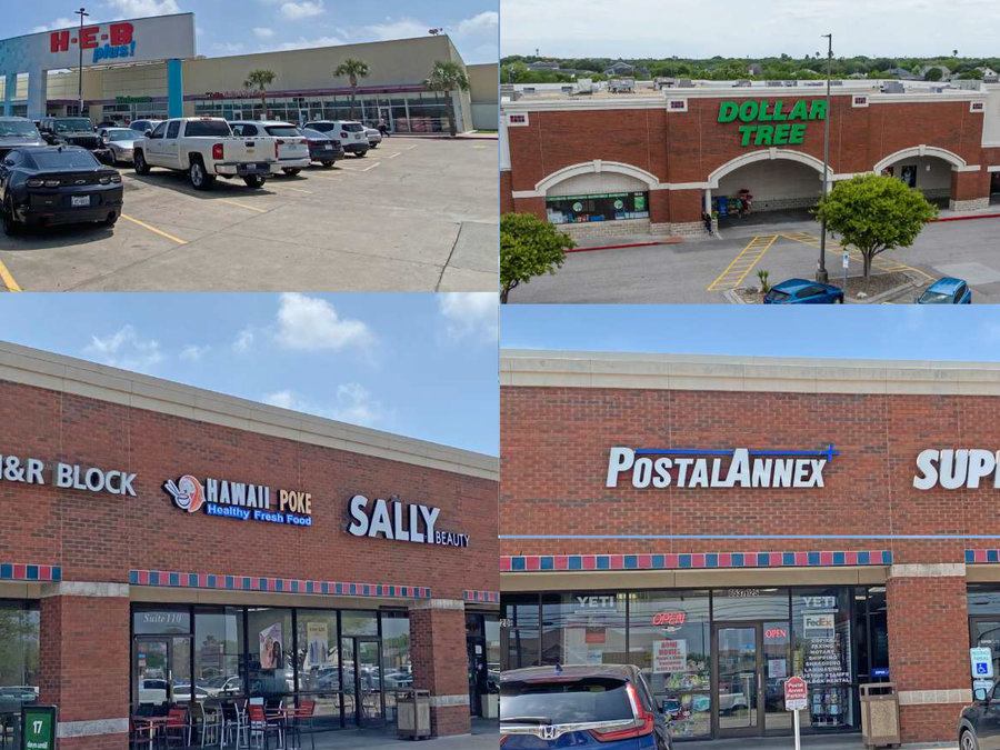 Huntington Square — storefront collage with H-E-B Plus and inline tenants