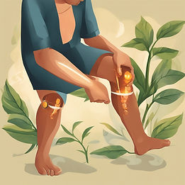 Monocle magazine-style illustration of Ayurvedic knee massage with oil. Oil is shining..jp
