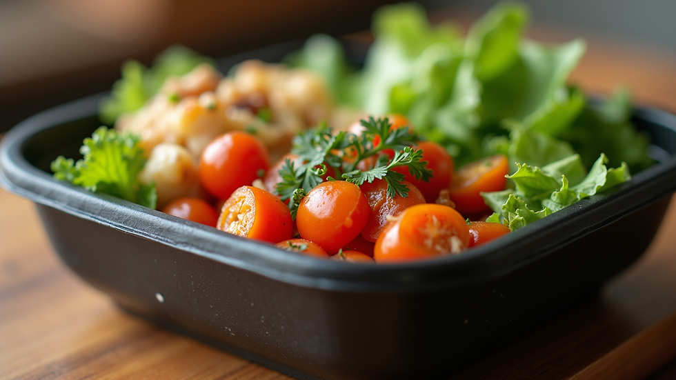 Close-up view of a prepared meal with vegetables and protein in a container