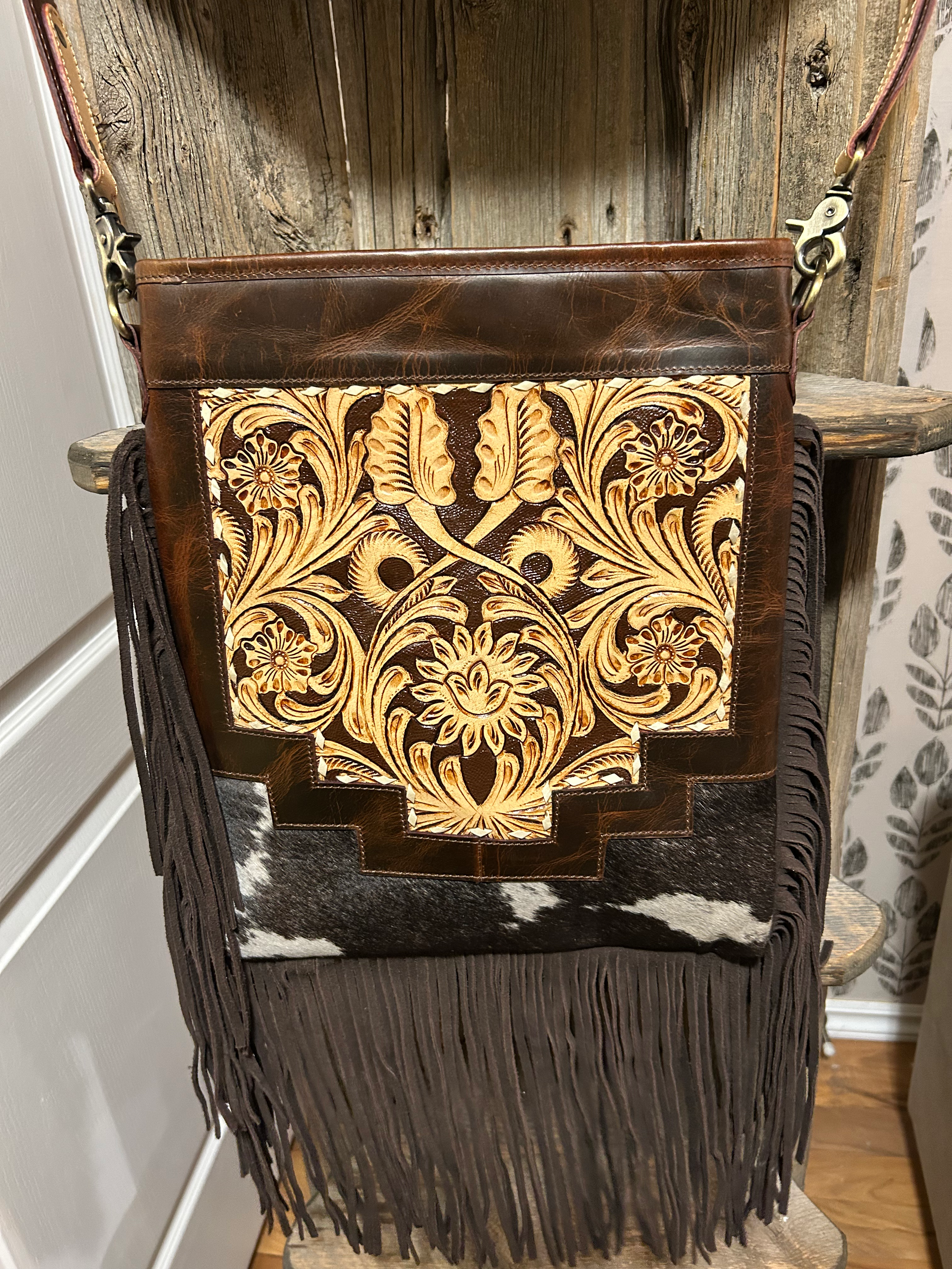 Hand tooled fringe crossbody 