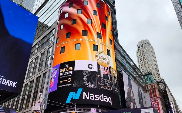 April Armstrong's new book The Day One Executive featured on the NASDAQ Times Square Jumbotron in New York City as a Gold medal award National Book Fest award-winner