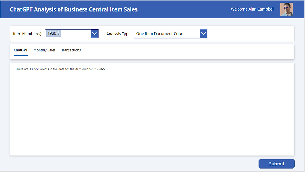 Power Platform one item Number Test Showing ChatGPT Results