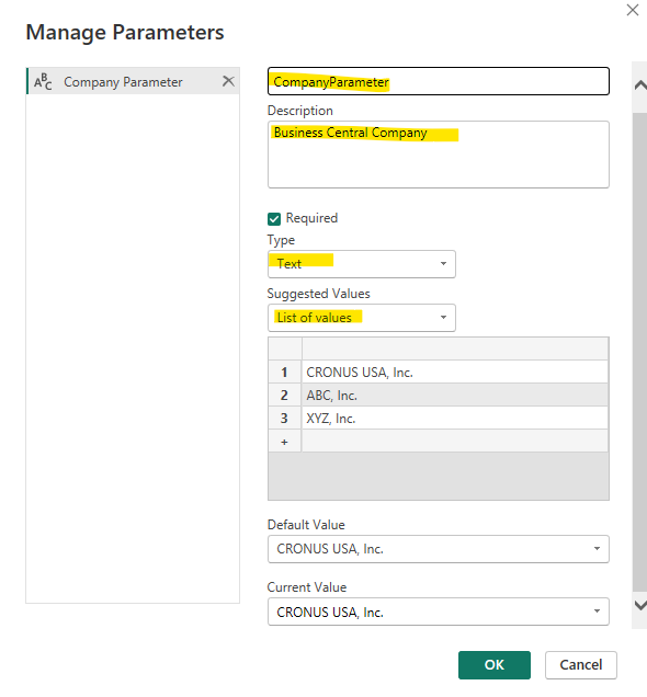 Enter the new parameter fields when creating a new business central company parameter in power bi