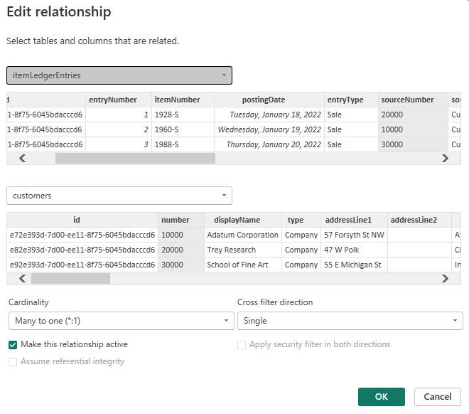 We create the Business Central ItemLedgerEntries to Customer Relationship by connecting the Source Number to the Number columns