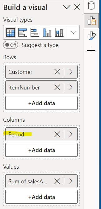 We create the Matrix visual that will show information from the business central customer and itemledgerentries tables along with the date table we created