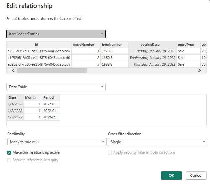 We create the Business Central ItemLedgerEntries to Data Table Relationship by connecting the Posting date to the Date field in the Date Table