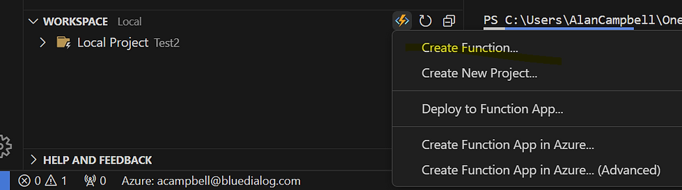 This shows to click on the workspace button to create a function to ultimately send to Azure