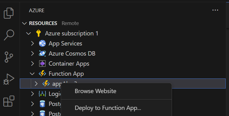 right mouse on the function app to deploy the function app to azure