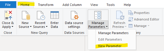 this shows where to click on new parameter in Power Bi