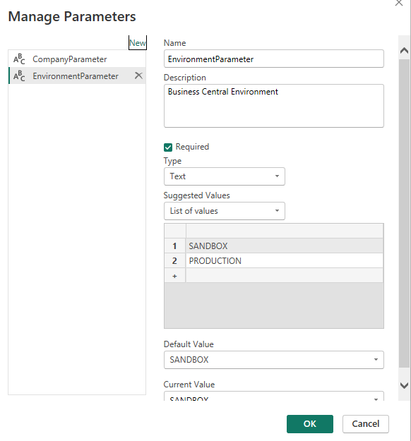 Enter all the fields when creating a business central environment parameter in power bi