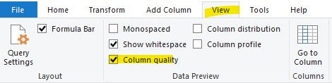 cick on the column quality tool under the view tab in the power query editor
