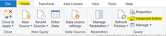 click on the advanced editor to change the business central M Formula Language in Power Bi