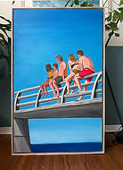 Oil painting of group of people in swimsuits on a bridge.