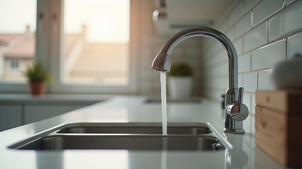 Close-up view of a kitchen sink and faucet during house inspection