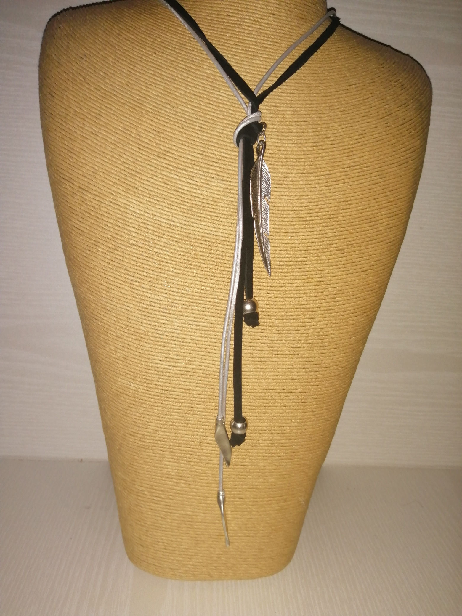 Black and silver leather feather necklace