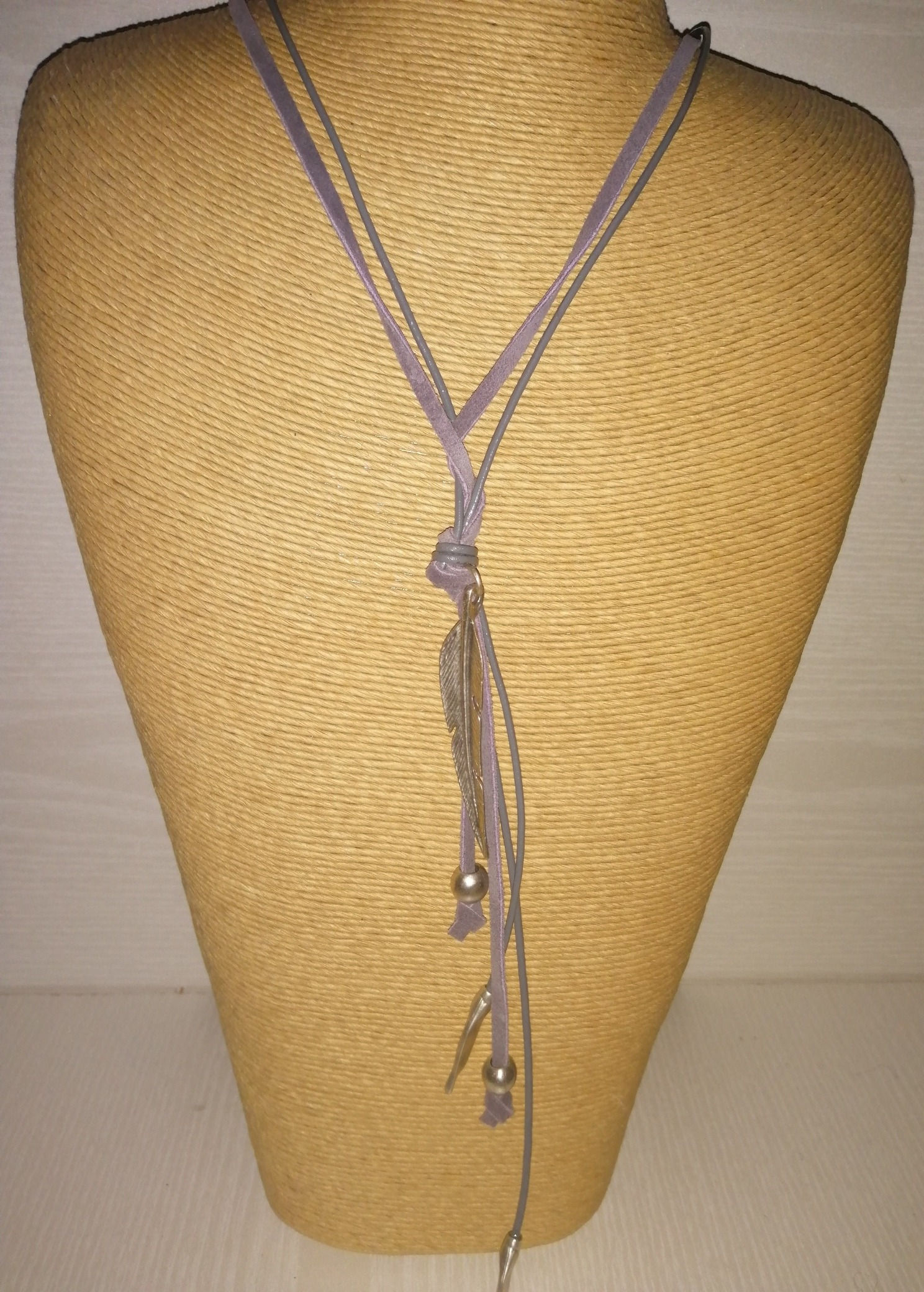 Purple leather feather necklace