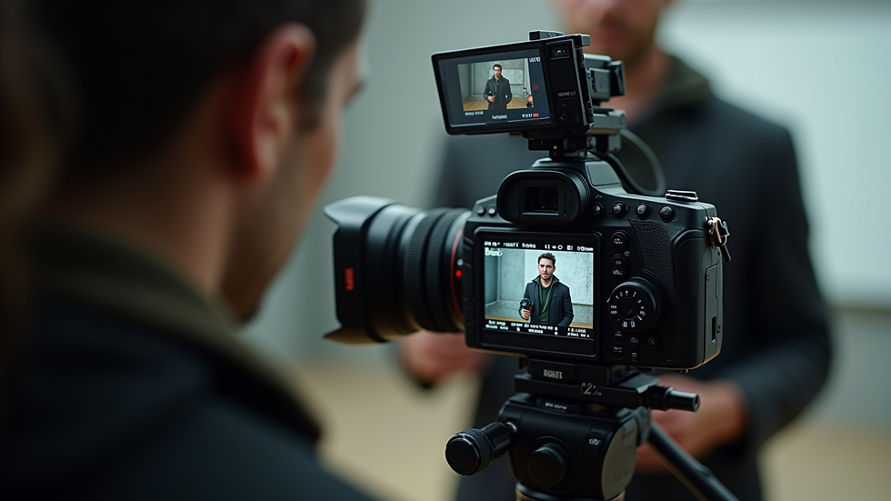 Close-up view of a camera filming an actor during a training session