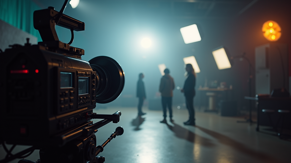 Eye-level view of a film set with a camera and lighting equipment