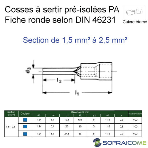 Thumbnail: Cosses à sertir pré-isolées PA fiche ronde DIN 46237-Section 1,5-2,5 mm² -Bleu
