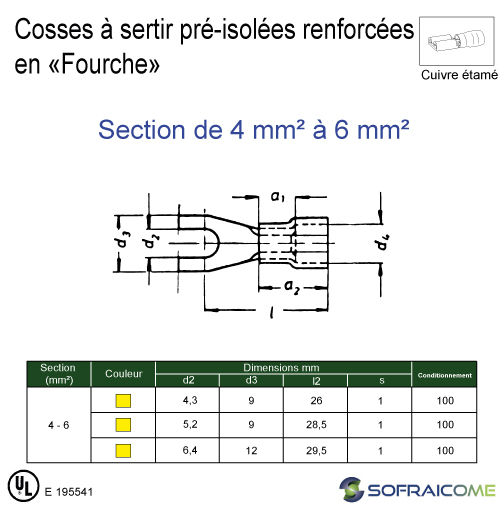 Miniatura: Cosses à sertir pré-isolées renforcées en "Fourche" - Section 4-6 mm² -Jaune