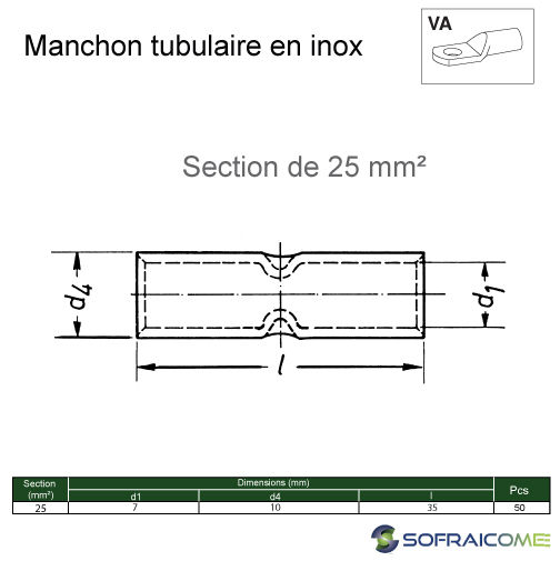 Miniatura: Manchons tubulaires en inox - Section 25 mm²