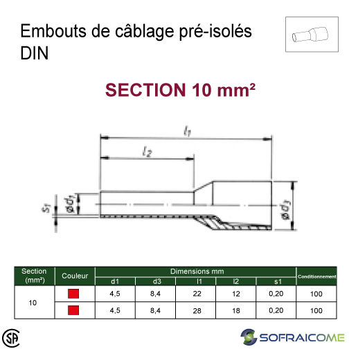 Thumbnail: Embouts de câblage pré-isolés DIN - Section 10 mm² - Rouge