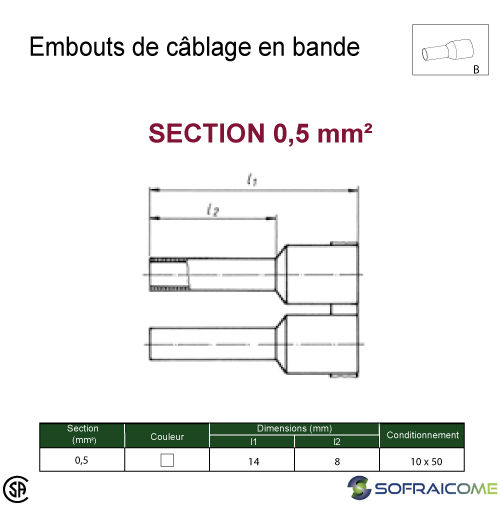 Thumbnail: Embouts de câblage en bande - Section 0,5 mm² - Blanc