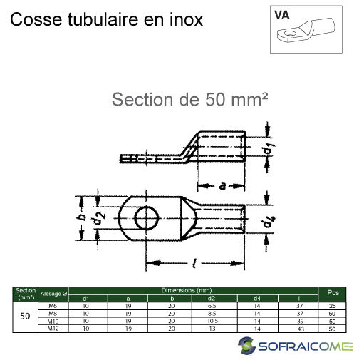 Miniatura: Cosses tubulaires en inox - Section 50 mm²