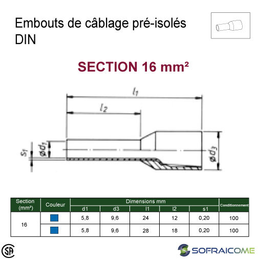 Thumbnail: Embouts de câblage pré-isolés DIN - Section 16 mm² - Bleu