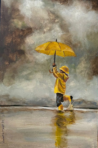 kindje spelend in de regen met paraplu