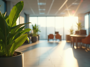 Eye-level view of a modern office space with plants and natural light