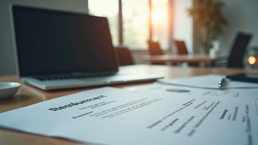 Eye-level view of a modern office workspace with a laptop and recruitment documents