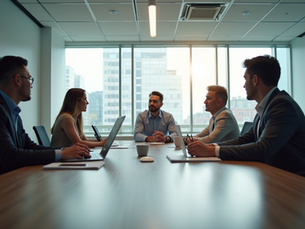 Eye-level view of a modern office meeting room with a team collaborating