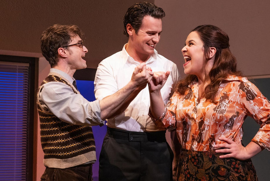 Daniel Radcliffe, Jonathan Groff and Lindsay Mendez in Merrily We Roll Along. Photo by Matthew Murphy.