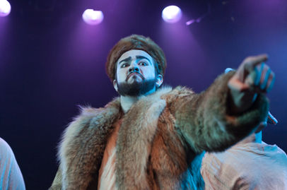 Production photograph from Pacific Overtures, Union Theatre, 2014. Lee Van Geleen (Lee V.G.) as the Russian Admiral. "Don't touch the coat!" Photo: Darren Bell