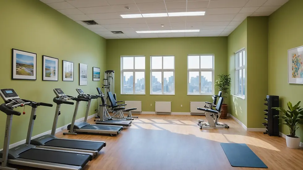 Eye-level view of a spacious physical therapy clinic with equipment