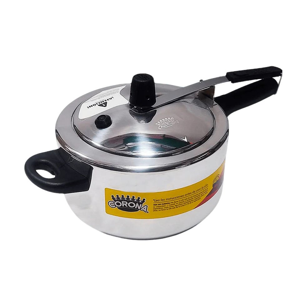 Olla de presión plateada con mango negro, texto amarillo, Imvel Estufas