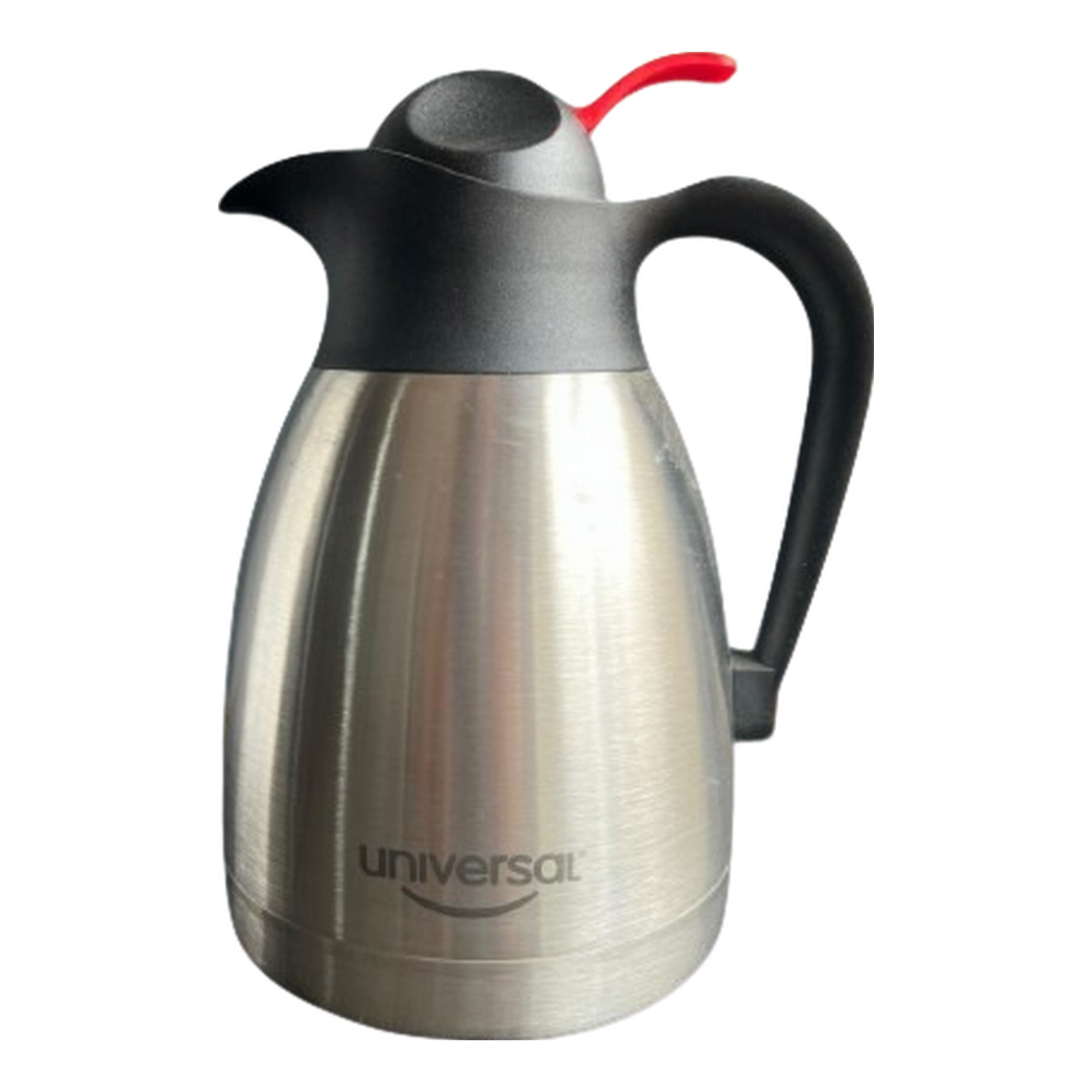 Termo de acero inoxidable con tapa negra y asa negra. Termo con Imvel Estufas.