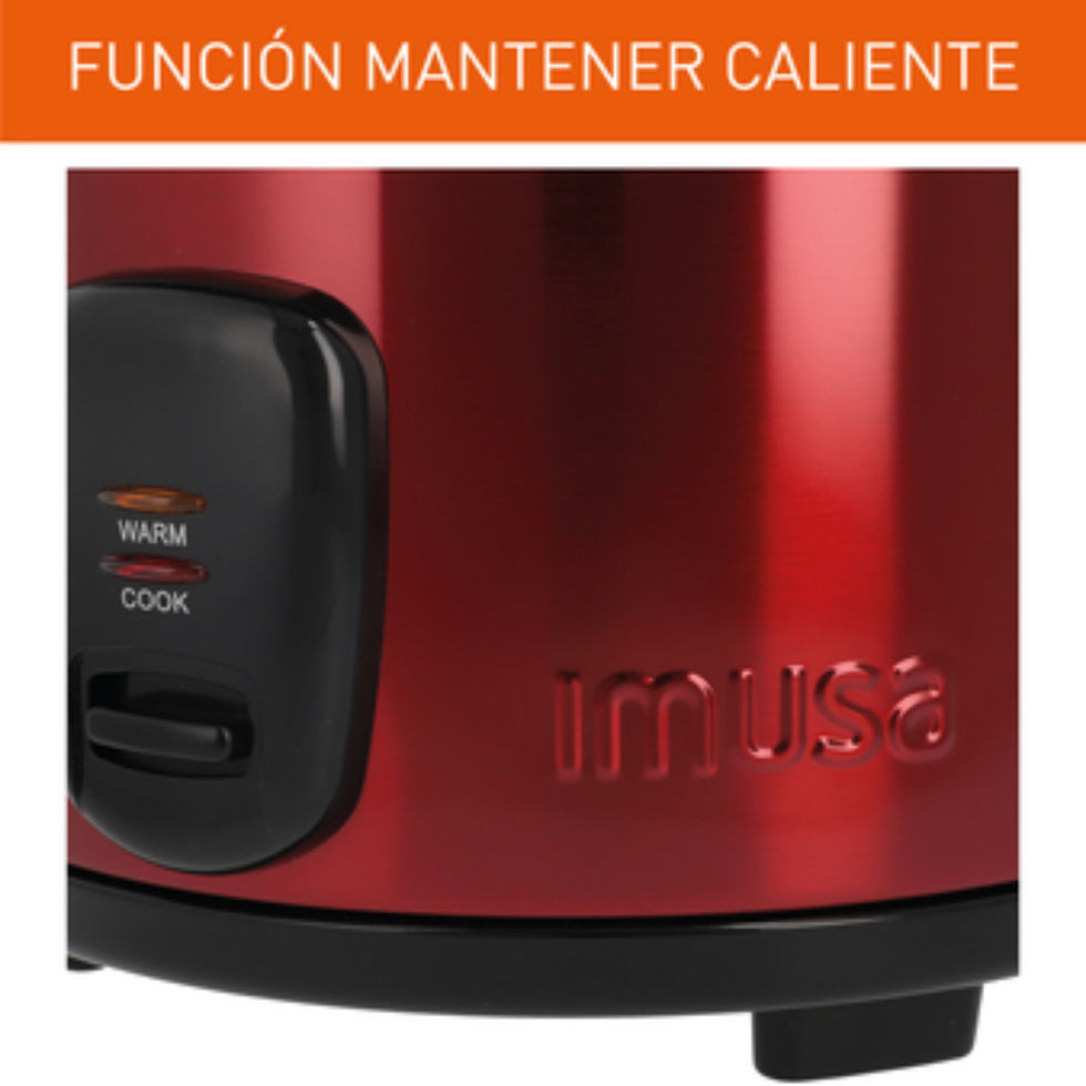 Miniatura: Olla arrocera roja con texto: FUNCIÓN MANTENER CALIENTE y Imusa. Imvel Estufas.